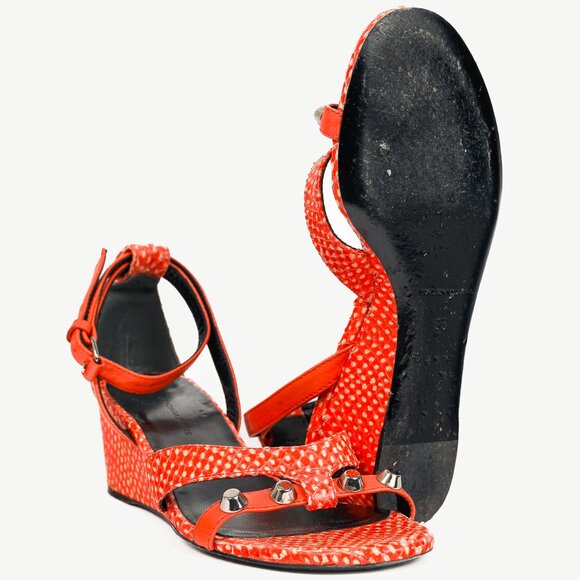Balenciaga Orange Snakeskin-Embossed Studded Wedge Sandals - Picture 4 of 11
